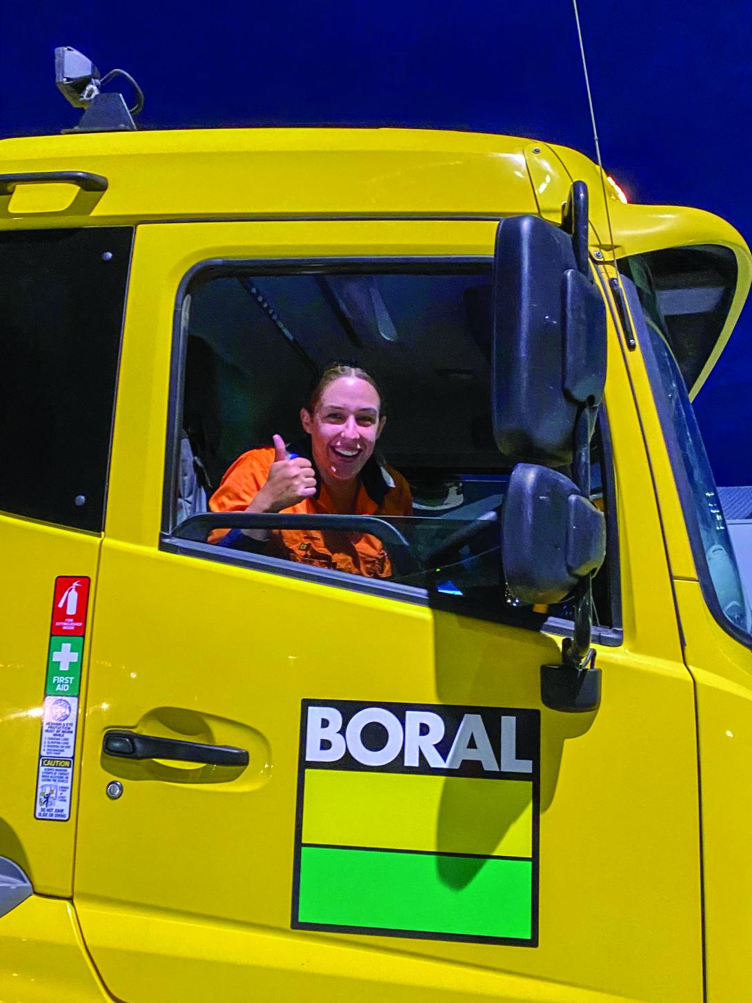 Female driver in Boral truck at Fitzroy to Gladstone Pipeline
