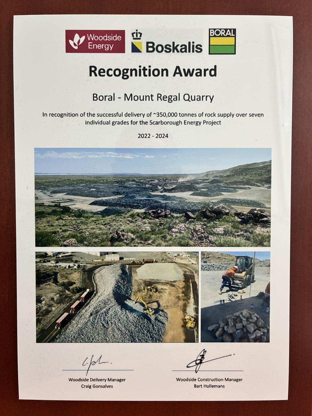 Award to Boral from Woodside and Boskalis for Scarborough Energy Project