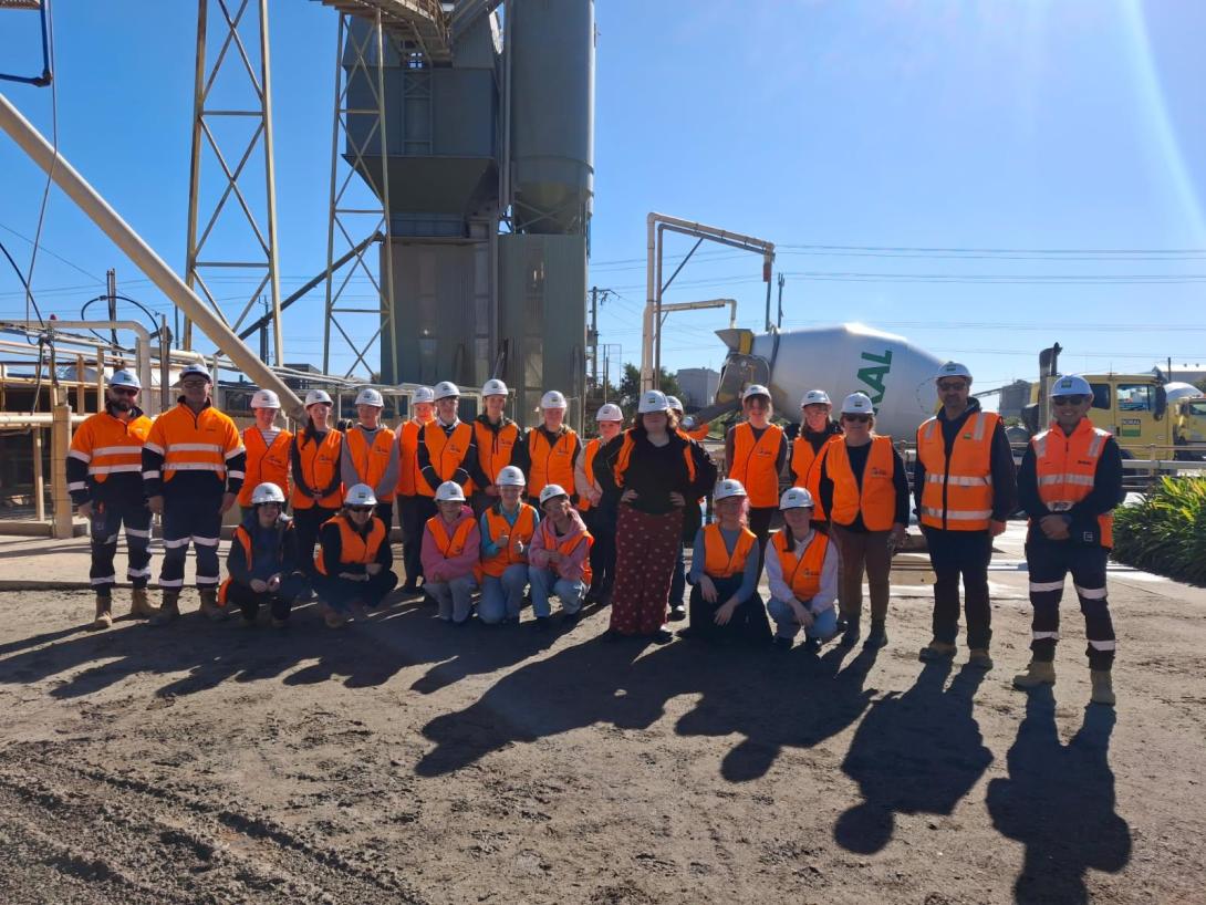 Students with concrete agitator truck at Deer Park concrete plant