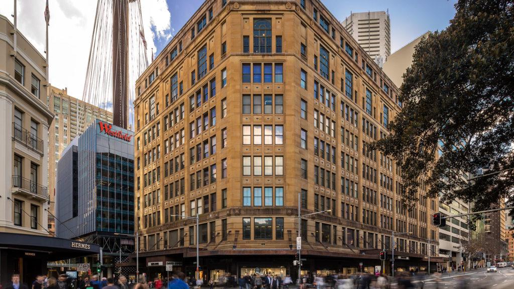 Wide shot of David Jones at intersection of Castlereagh and Market Street in Sydney CBD